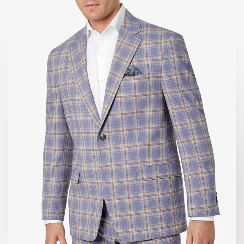 Sean John Light Blue and Tan Plaid Sport Coat
